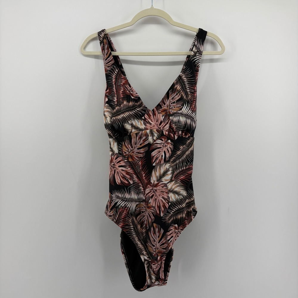 Hurley Womens XXL Black Tropical Palm Leaf One Piece Swimsuit Cross Back V-Neck